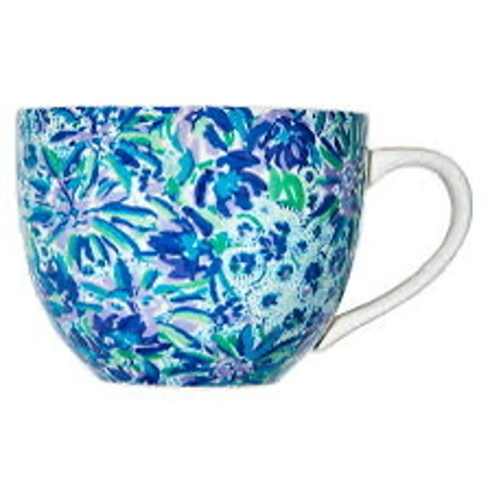 Lilly Pulitzer Set Of 2 Ceramic Blue And Green Tropical Print Mugs